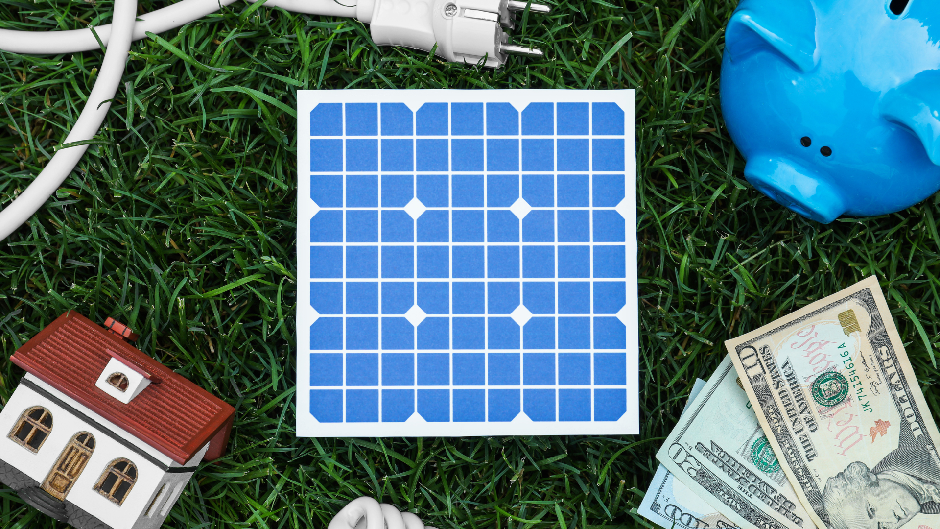 Panneau solaire entouré d'objets symboliques : tirelire cochon, maison miniature, prise électrique, ampoule et liasse de billets pour les aides financières