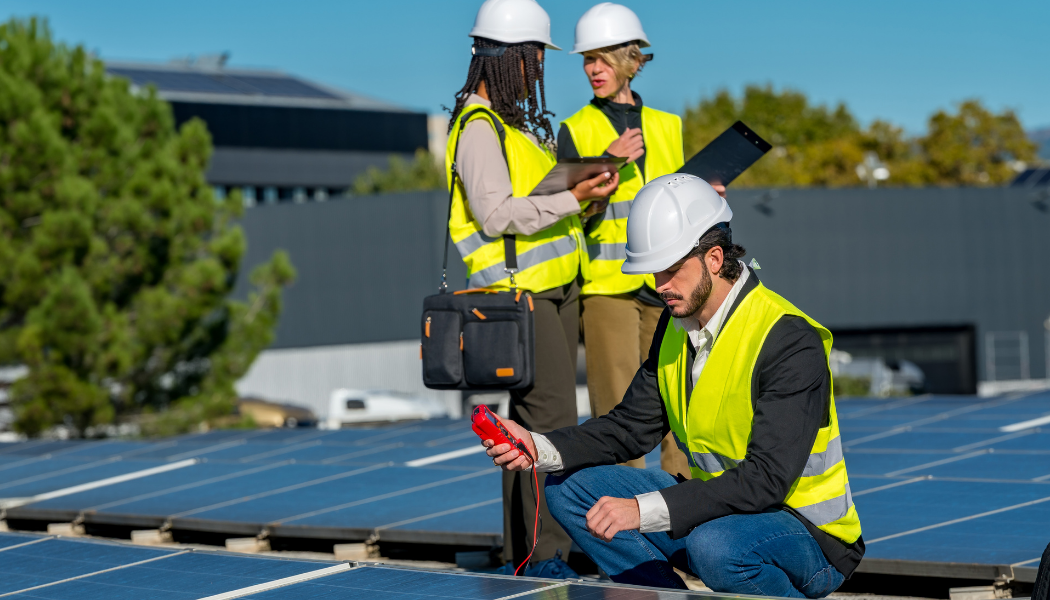 3 personnes qui verifient la panne de panneaux solaires